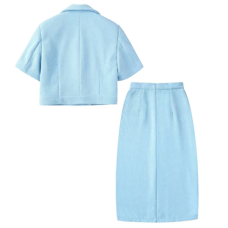 Elegáns, világoskék női, vékony, tweed blézer öltöny, 2022 tavaszi, franciaországi, magas szárú midi szoknya öltönyök, női édes, hozzáillő szettek