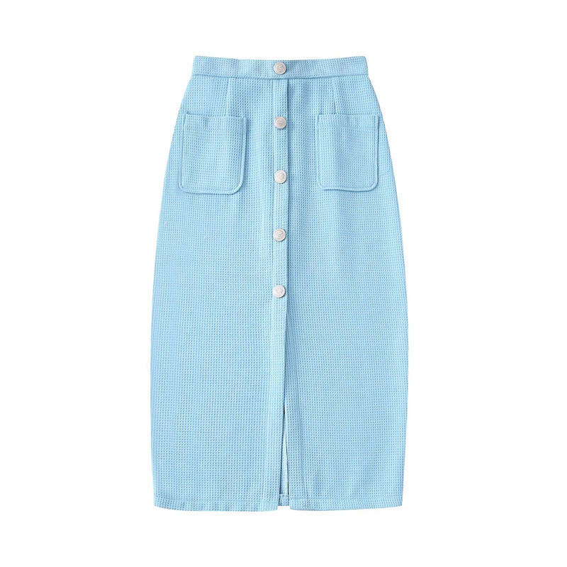 Elegáns, világoskék női, vékony, tweed blézer öltöny, 2022 tavaszi, franciaországi, magas szárú midi szoknya öltönyök, női édes, hozzáillő szettek