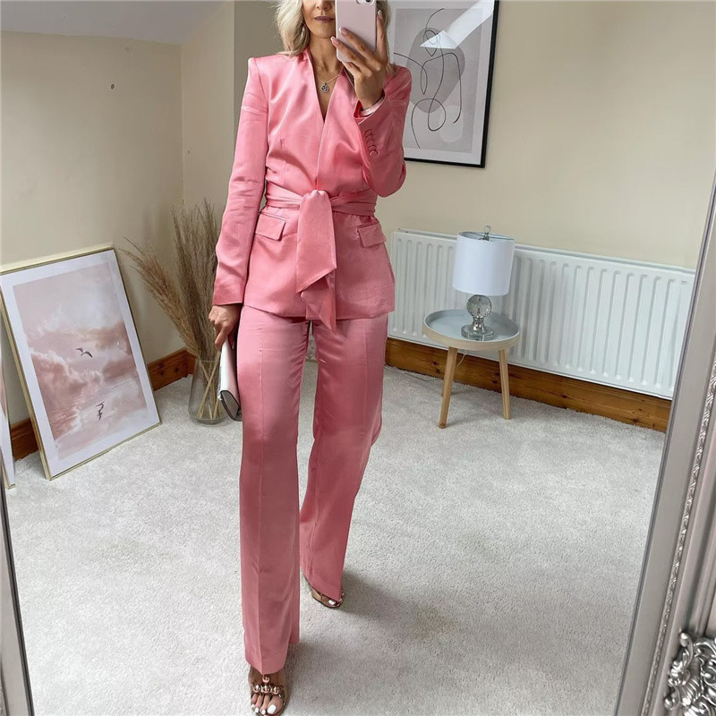 Costum pentru femeie, elegant, roz, subțire, din satin, 2022, primăvară, șic, pentru femei, cu decolteu în V, sacouri, seturi, pentru dama, cu pantaloni drepți, solidi.