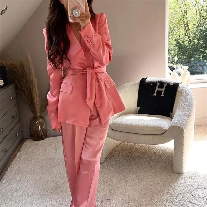 Costum pentru femeie, elegant, roz, subțire, din satin, 2022, primăvară, șic, pentru femei, cu decolteu în V, sacouri, seturi, pentru dama, cu pantaloni drepți, solidi.