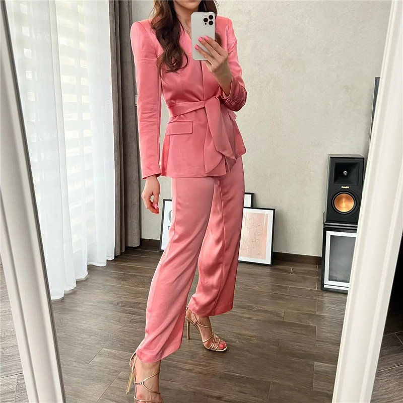 Costum pentru femeie, elegant, roz, subțire, din satin, 2022, primăvară, șic, pentru femei, cu decolteu în V, sacouri, seturi, pentru dama, cu pantaloni drepți, solidi.