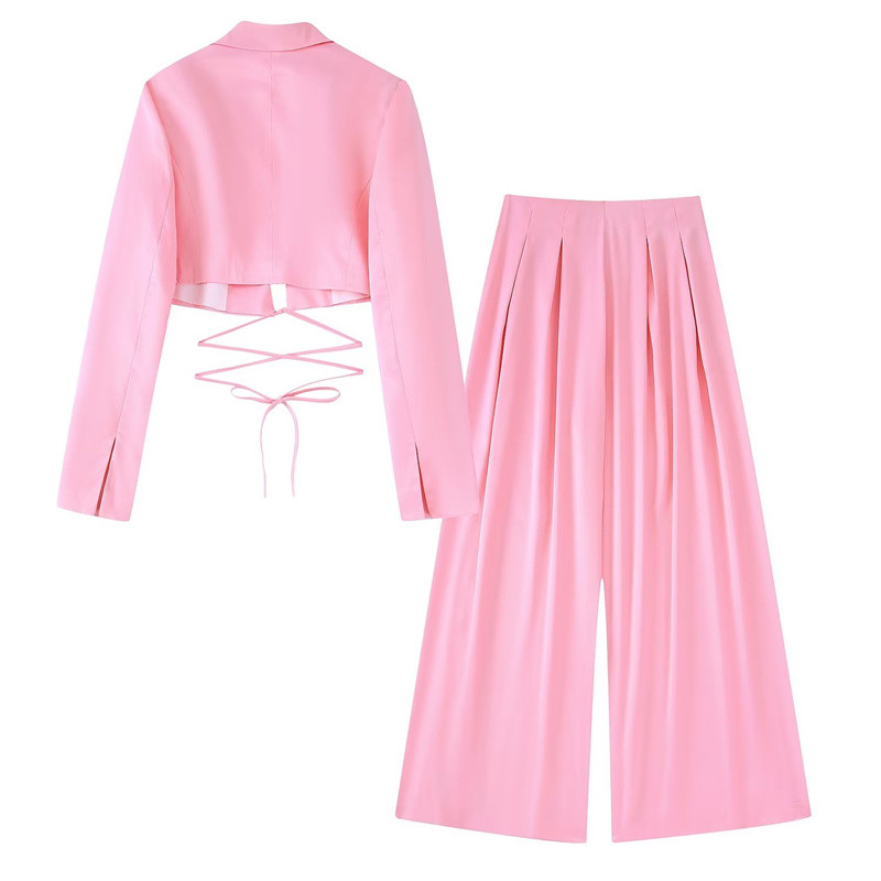 Costum pentru femeie, roz dulce, din satin, cu șireturi, 2022, pantaloni largi, cu talie înaltă, pentru fete, set solid asortat