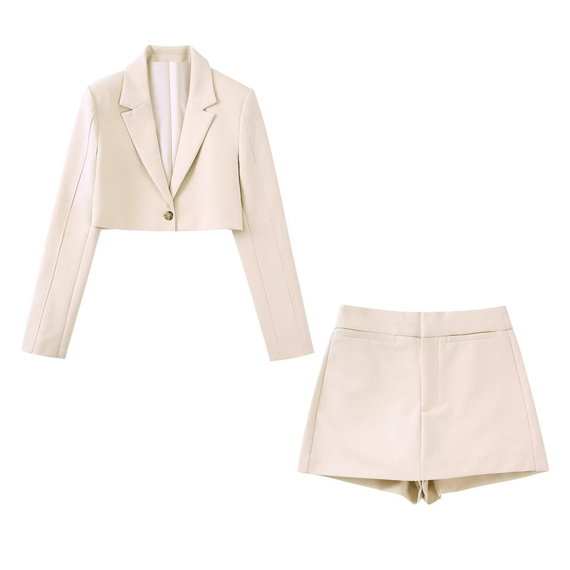 Női bézs színű vágott blézer öltöny, 2022-es őszi, női tömör, magas derekú rövidnadrág, lánykosztüm, High Street terméshez illő készletek