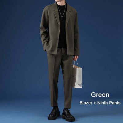 Ανδρικό casual κοστούμι Luxury τζάκετ Σετ μπλέιζερ Streetwear Κομψά κορεάτικα σετ 2 τεμαχίων με παντελόνι Za 2022 Ανοιξιάτικο πανωφόρι και παντελόνι