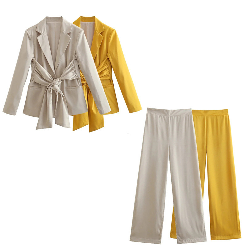 Női elegáns, fűzős szatén blézer öltöny 2022 tavaszi elegáns női tömör szárnyú blézerek szettek női puha egyenes nadrágkosztümök