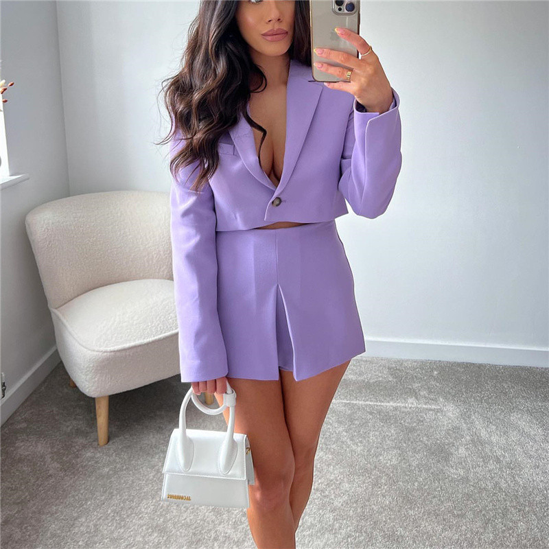 Női édes lila rövid blézer öltöny, 2022 tavaszi alkalmi, tömör egyenes blézerek öltönyök, női High Street szoknya rövidnadrág szettek