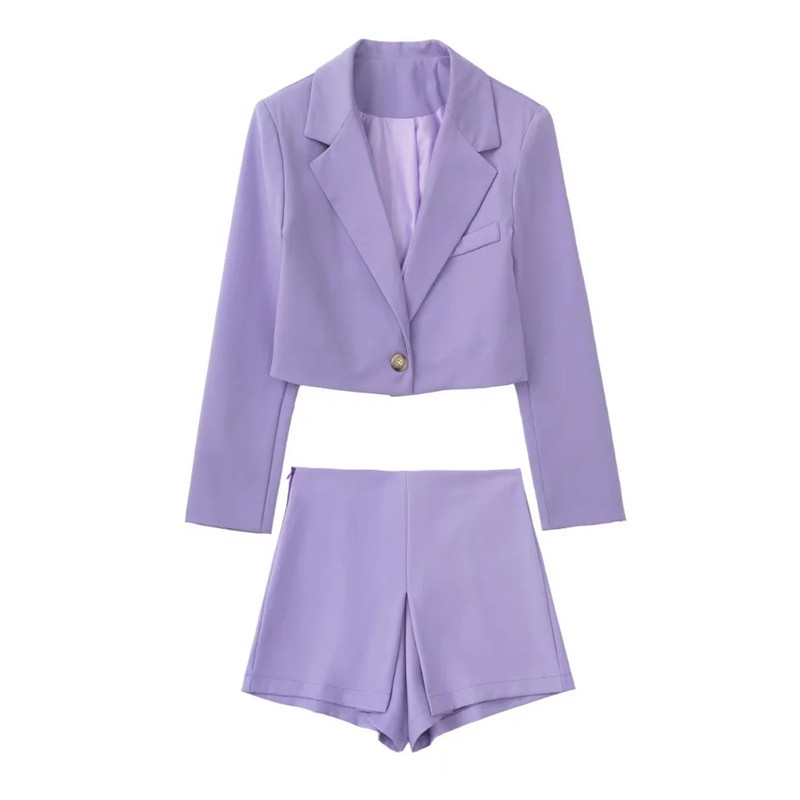 Női édes lila rövid blézer öltöny, 2022 tavaszi alkalmi, tömör egyenes blézerek öltönyök, női High Street szoknya rövidnadrág szettek