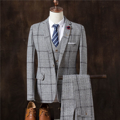 Ανδρικά επαγγελματικά επίσημα Slim Fit Κοστούμια χορού Γάμου Ανδρική μπουτίκ καρό φόρεμα γαμπρού Μπλέιζερ σακάκι παντελόνι γιλέκο 3 τεμαχίων σετ