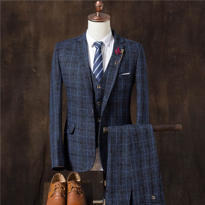 Ανδρικά επαγγελματικά επίσημα Slim Fit Κοστούμια χορού Γάμου Ανδρική μπουτίκ καρό φόρεμα γαμπρού Μπλέιζερ σακάκι παντελόνι γιλέκο 3 τεμαχίων σετ