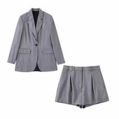 Γυναικείο γκρι Vintage Loose Blazer κοστούμι 2022 Φθινοπωρινό Γυναικείο High Street Solid ασορτί σετ για κορίτσια Cool blazers σορτς κοστούμια
