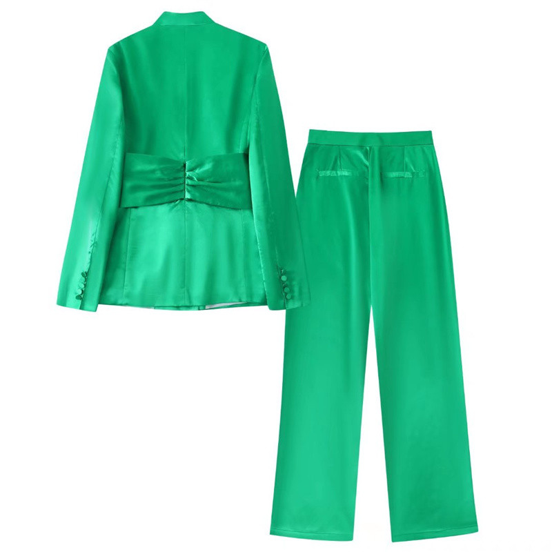 Női Elegáns Zöld Vékony masni szatén blézer öltöny 2022 tavaszi divatos női egyenes nadrág 2 db készlet női befűzhető blézer öltöny