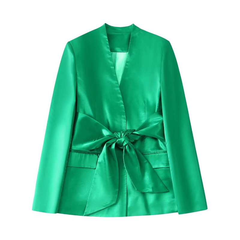 Női Elegáns Zöld Vékony masni szatén blézer öltöny 2022 tavaszi divatos női egyenes nadrág 2 db készlet női befűzhető blézer öltöny
