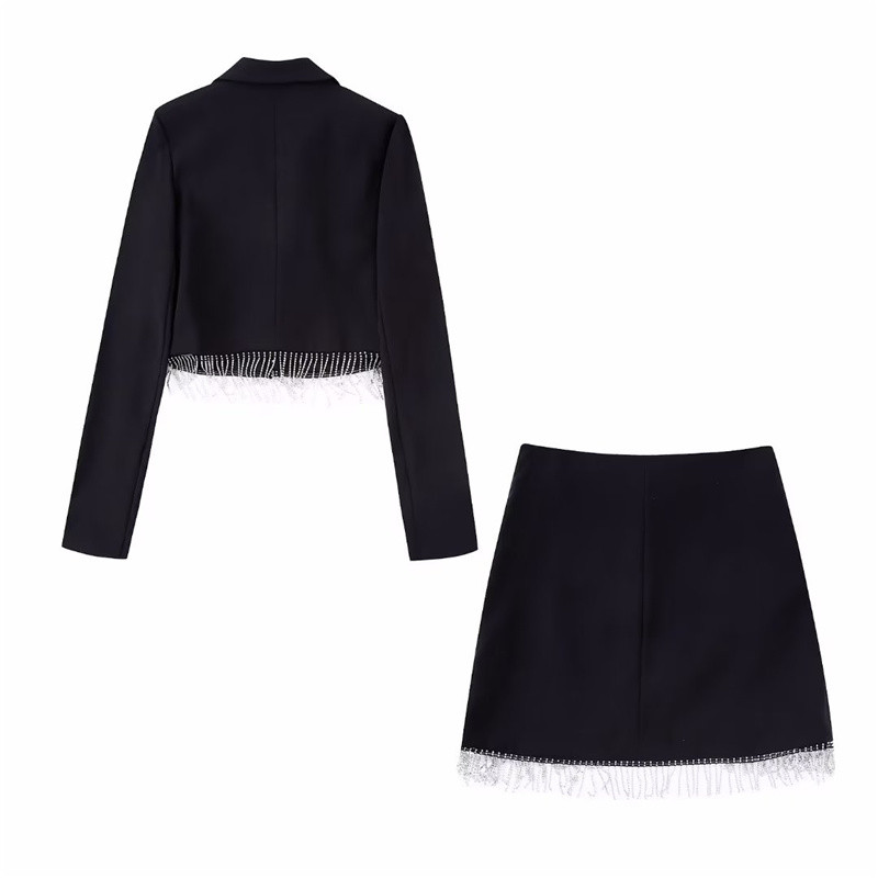 Γυναικεία μόδα μαύρο διαμάντι φούντα σακάκι 2022 για κορίτσια High Street Cropped Blazers Suits Γυναικεία σετ ακανόνιστης φούστας