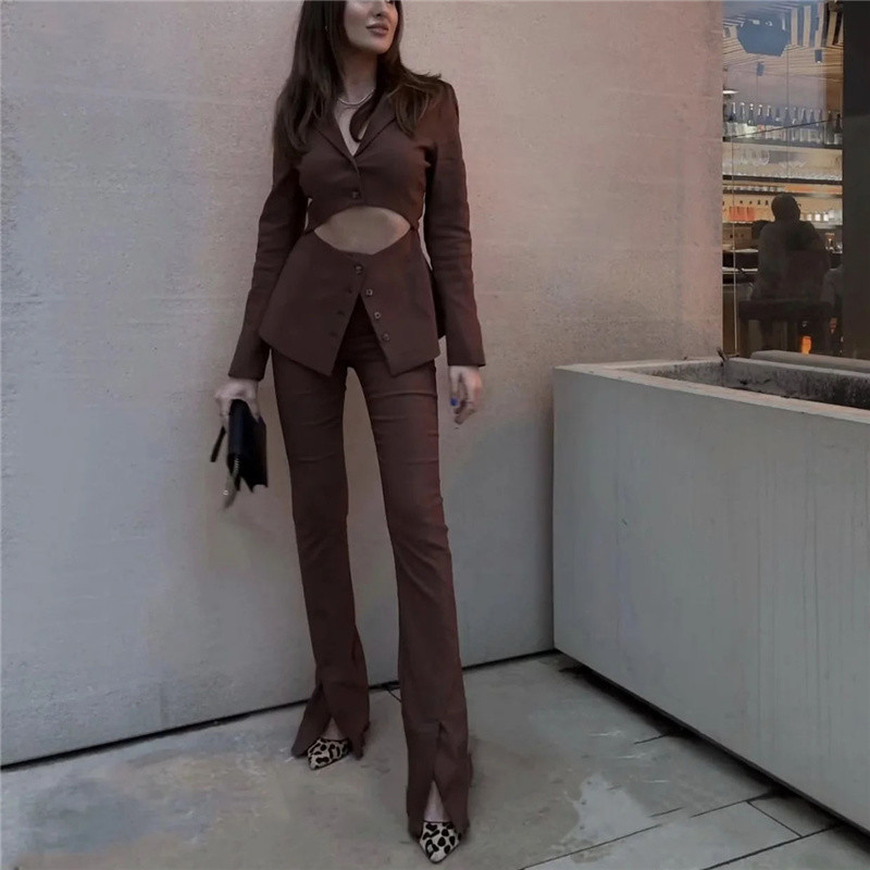 Γυναικείο κομψό, καφέ, λεπτό κοίλο κοστούμι blazer 2022, ανοιξιάτικο γυναικείο vintage παντελόνι με ψηλόμεσο σχίσιμο γυναικείο σετ ασορτί