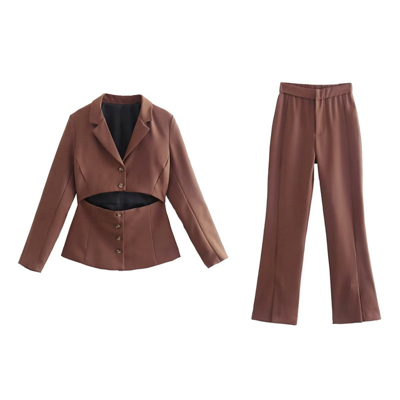 Γυναικείο κομψό, καφέ, λεπτό κοίλο κοστούμι blazer 2022, ανοιξιάτικο γυναικείο vintage παντελόνι με ψηλόμεσο σχίσιμο γυναικείο σετ ασορτί