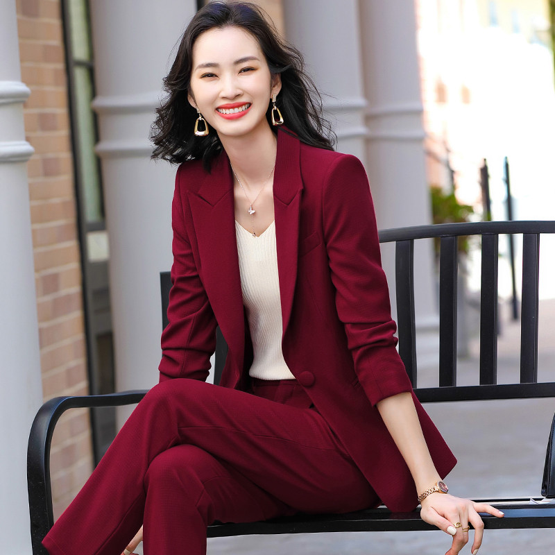 Elegáns Wine Professzionális női üzleti öltönyök nadrággal és kabáttal Kabát Őszi Téli Női Nadrágruhák Blézerek Nadrág szett