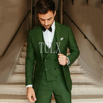 Ανδρικό κοστούμι Army Green Groom Tuxedos Κοστούμι για πάρτι Slim Fit Business Casual Σετ μπουφάν 3 τεμαχίων (Blazer + Γιλέκο + Παντελόνι) Κοστούμια Homme