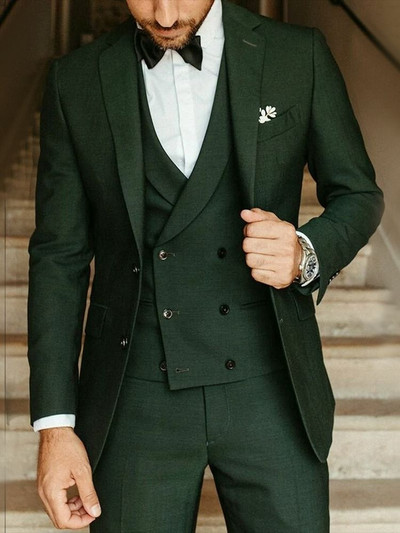 Ανδρικό κοστούμι Army Green Groom Tuxedos Κοστούμι για πάρτι Slim Fit Business Casual Σετ μπουφάν 3 τεμαχίων (Blazer + Γιλέκο + Παντελόνι) Κοστούμια Homme