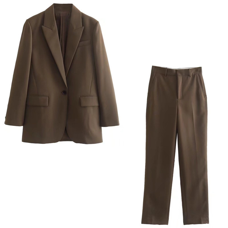 Γυναικείο Vintage Καφέ High Street Blazer ασορτί κοστούμι 2022 Γυναικείο μονόχρωμο Baic Blazers Σετ Ladis Casual ψηλόμεσο παντελόνι