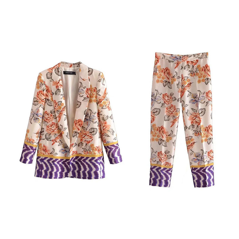 Női, vintage, narancssárga mintás patchwork blézer öltöny, 2022, női, elegáns, virágos, hozzáillő öltöny, női, magas derekú ceruzanadrág szett