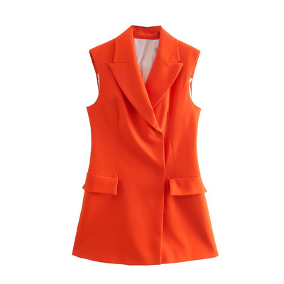 Γυναικείο Κομψό πορτοκαλί Slim Blazer Tank κοστούμι 2022 Φθινοπωρινό γυναικείο ψηλόμεσο παντελόνι ασορτί Γυναικεία αμάνικα κοστούμια blazer