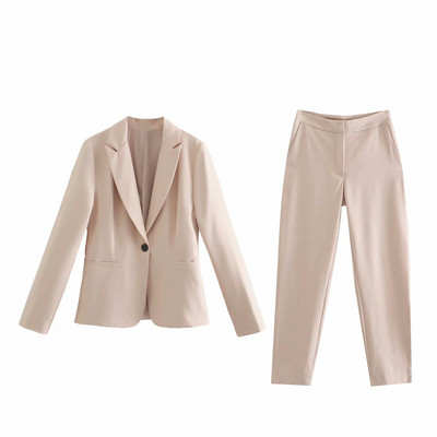 Costum blazer drept camel elegant pentru femeie, șic de primăvară 2021, pantaloni creion cu talie înaltă pentru femei, seturi solide asortate