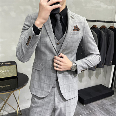 4XL 5XL (Σακάκια+Γιλέκο+Παντελόνι) Ανδρικά κορεάτικα blazers Slim Check βρετανικό επαγγελματικό κοστούμι τριών κομματιών Νυφικό ανδρικό φόρεμα