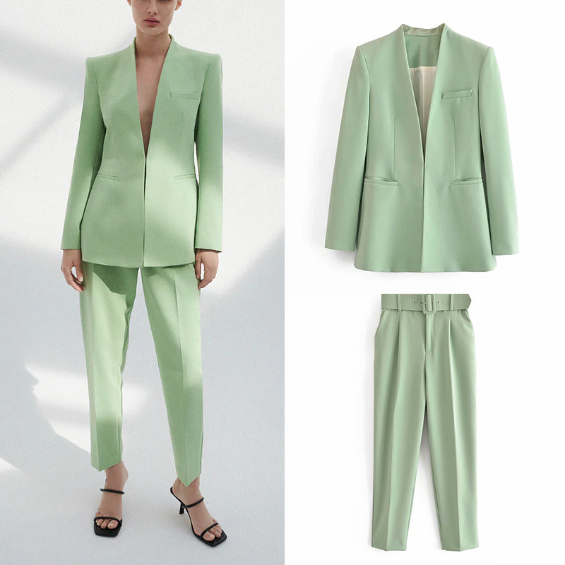 női kétrészes ruhák 2022 Tél 2 részes Övnadrággal Zöld Irodai ruhák női őszi ruhák Női blézer szettek