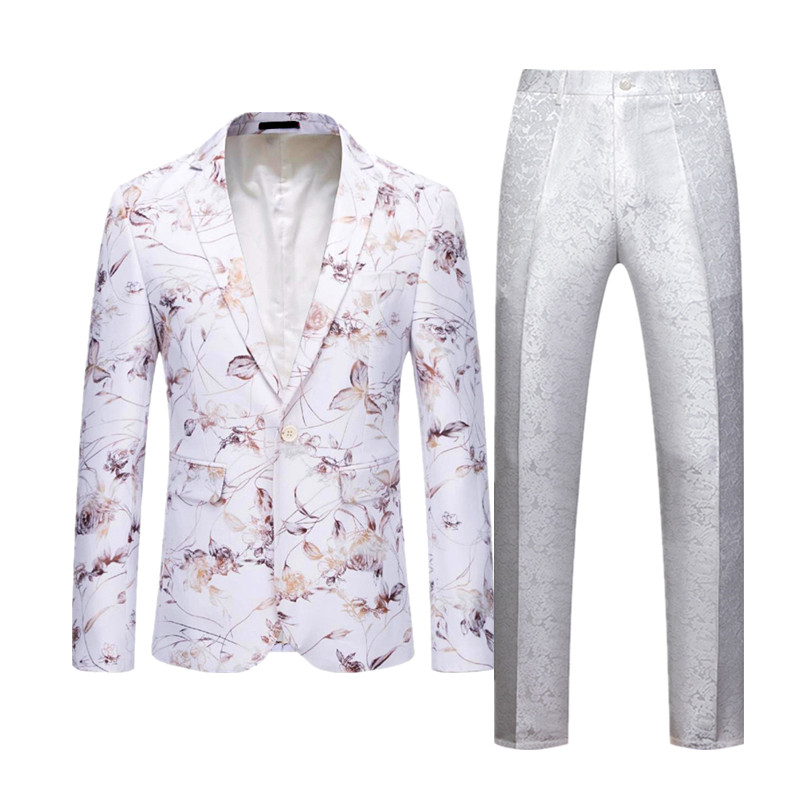 Fehér nyomóöltöny kétrészes férfi esküvői üzleti ruha kabát és nadrág divatos karcsú blézer Terno Masculino
