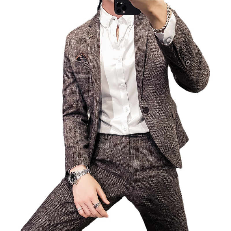 Sötétkék férfi csíkos kockás öltöny, kétrészes QJ CINGA új férfi karcsú üzleti ruha kabát és nadrág szürke/barna Terno Masculino