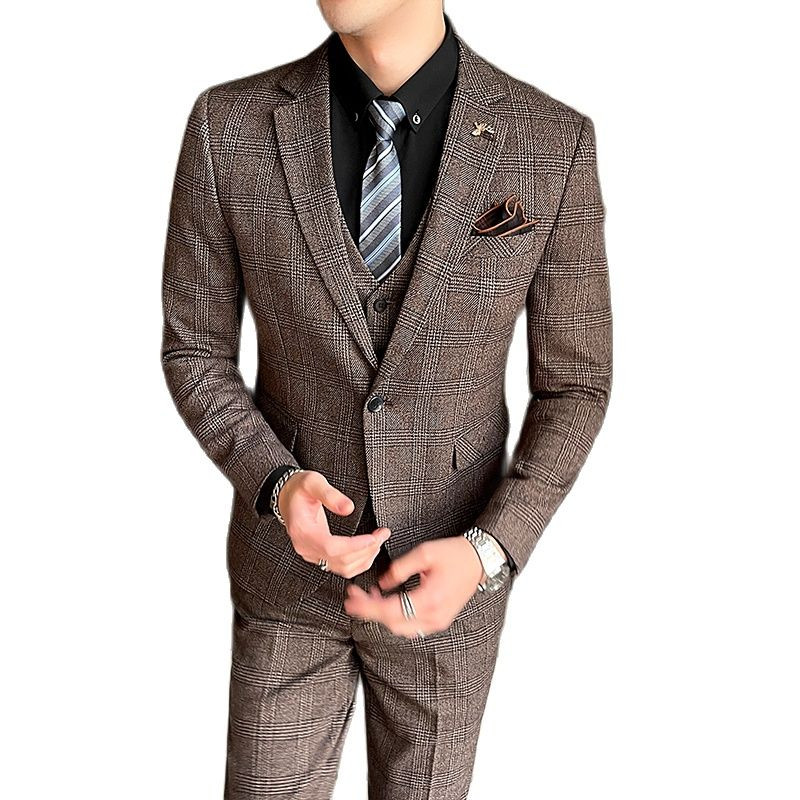Sötétkék férfi csíkos kockás öltöny, kétrészes QJ CINGA új férfi karcsú üzleti ruha kabát és nadrág szürke/barna Terno Masculino