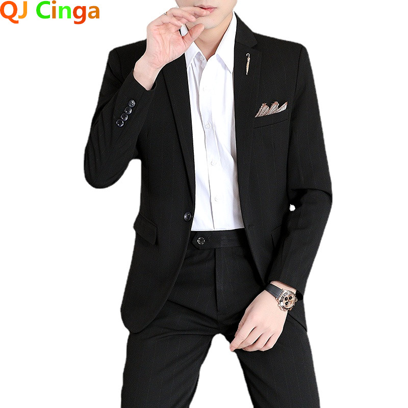 Ünnepi esküvői öltöny, 2 részes szett, stílusos, vékony férfi kabát nadrággal, fekete jelmez Homme őszi férfi blézer nadrág