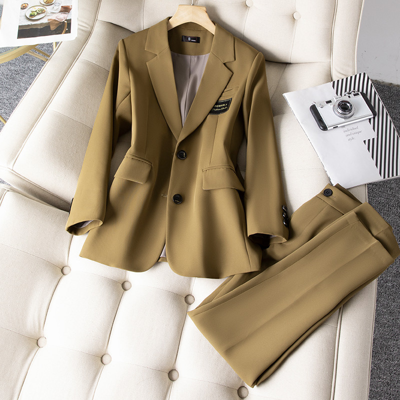 2022-es koreai őszi formális női khaki blézer női öltönyök szettekkel Munkaruházat Irodai egyenruha téli alkalmi nadrág dzseki