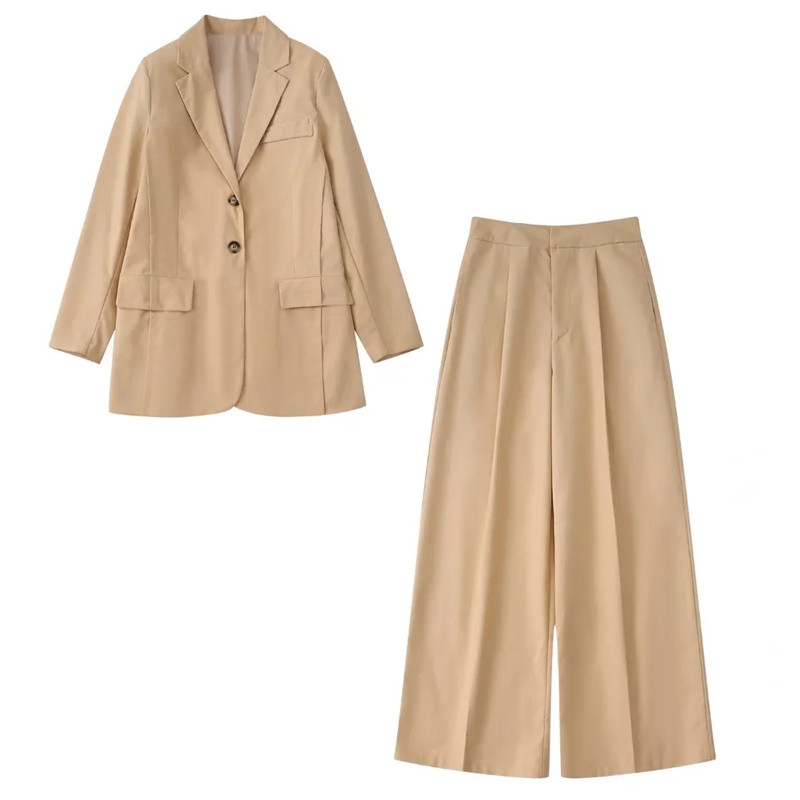 Női alkalmi khaki blézer öltöny 2022 tavaszi női High Street tömör öltönyök, női elegáns, magas derekú, széles szárú nadrágszettek