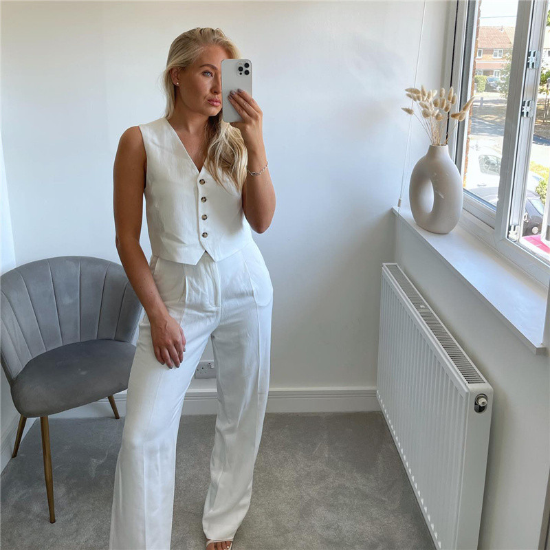 Női, elegáns, fehér Balzer tanköltöny, 2022. őszi, női High Street, tömör, egyenes nadrágkosztüm, női ujjatlan blézer szett