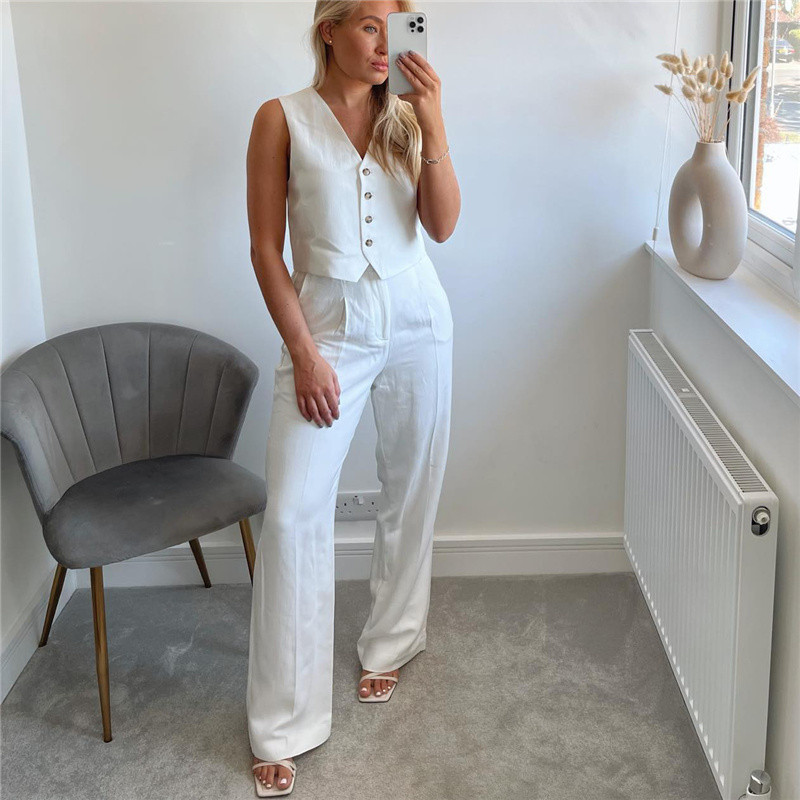 Női, elegáns, fehér Balzer tanköltöny, 2022. őszi, női High Street, tömör, egyenes nadrágkosztüm, női ujjatlan blézer szett