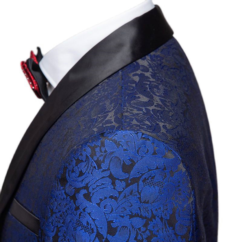 Kék nyomóöltöny 3 részes szett (kabát + nadrág + mellény) esküvői party Terno Masculino fehér vörös ezüst jelmez Homme