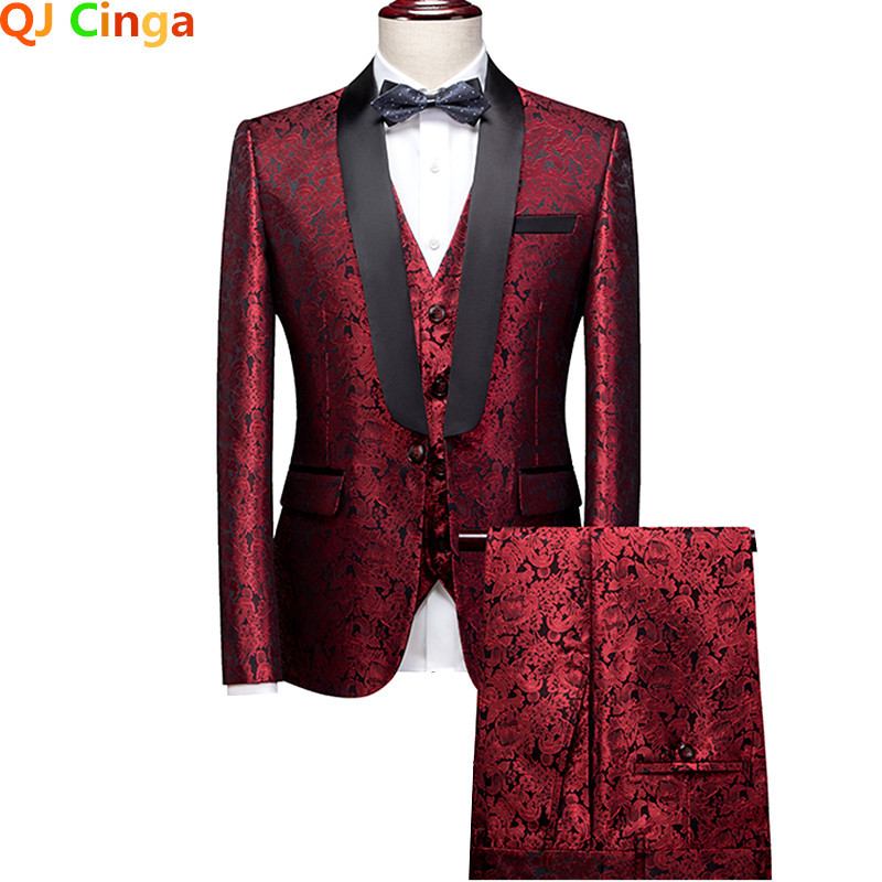 Kék nyomóöltöny 3 részes szett (kabát + nadrág + mellény) esküvői party Terno Masculino fehér vörös ezüst jelmez Homme