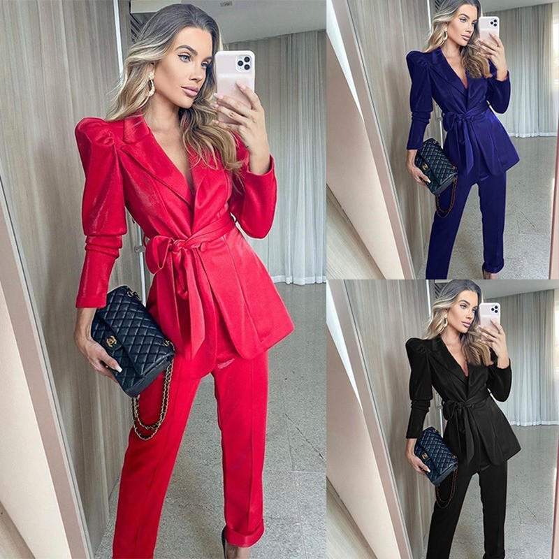 V-nyakú, hosszú ujjú irodai női szárnyak blézerek ingek bokáig érő nadrágok, női, kétrészes készletek, tömör, elegáns női 2 részes szettek