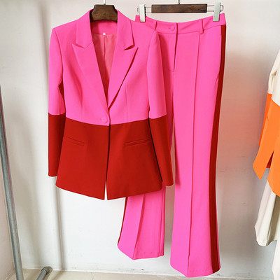 Designer Runway blézer szett nőknek Legújabb 2023 tavaszi őszi egygombos színes blokk blézer és lobogó nadrág, kétrészes 1A246