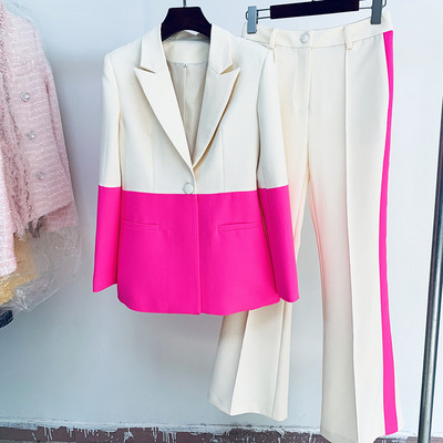 Designer Runway blézer szett nőknek Legújabb 2023 tavaszi őszi egygombos színes blokk blézer és lobogó nadrág, kétrészes 1A246