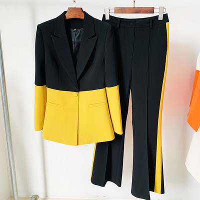 Designer Runway blézer szett nőknek Legújabb 2023 tavaszi őszi egygombos színes blokk blézer és lobogó nadrág, kétrészes 1A246