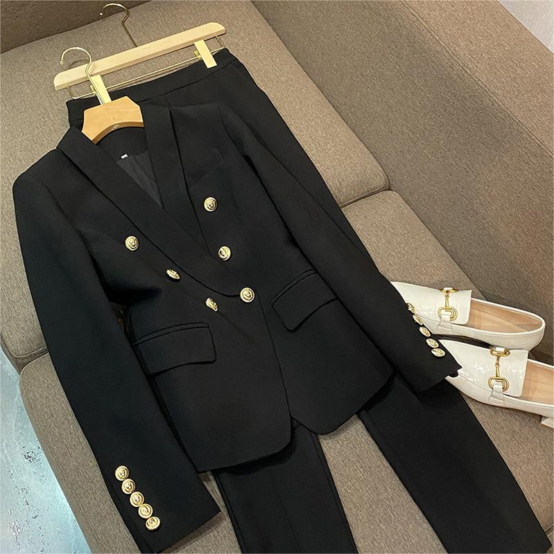 Finom brit stílusú szolid irodai női öltöny hosszú ujjú kendő gallér blézer bokáig érő pecil nadrág női 2 db