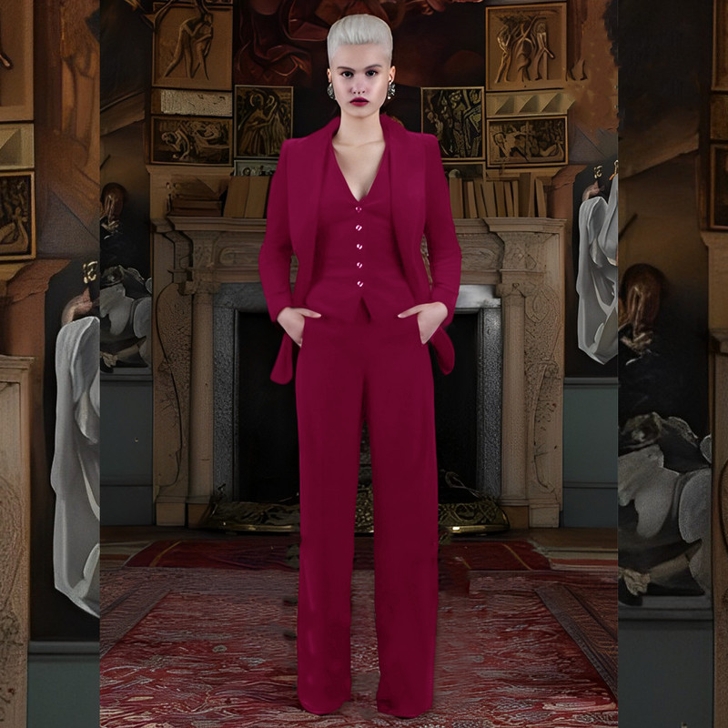 Elegáns női bársony öltöny, három részes bordó esküvői ruha anya ruha kabát nadrág mellény formális üzleti blézer hölgyeknek