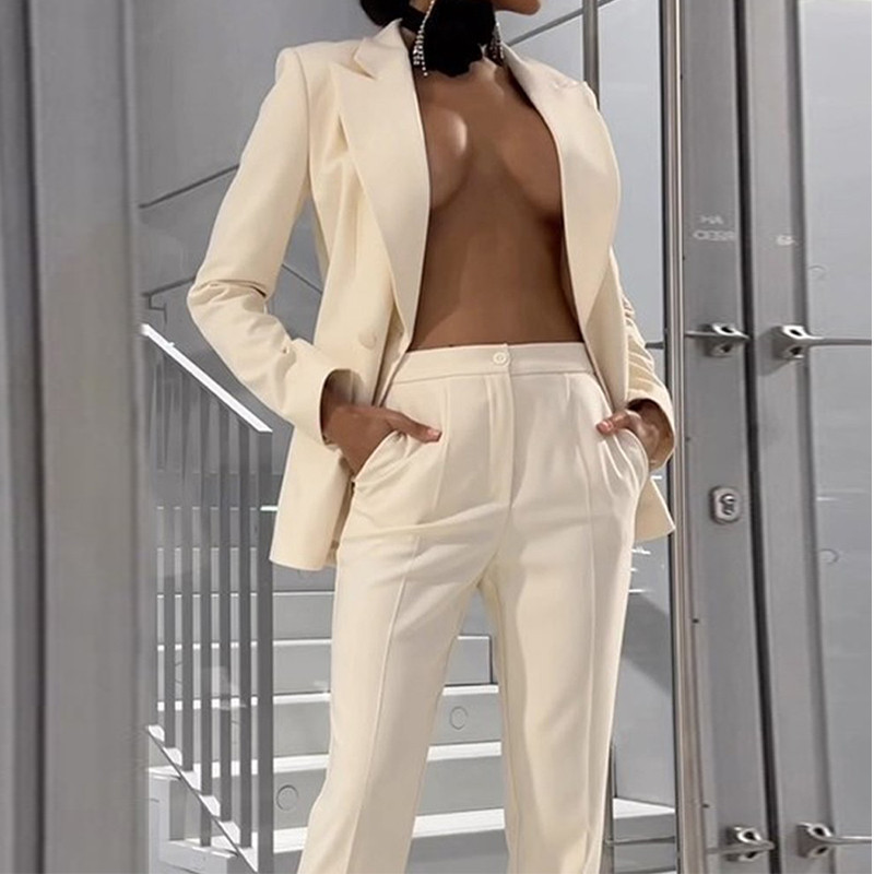 Waytobele női blézer szett őszi, stílusos, tömör duplasoros, hosszú ujjú hajtókás felső bő, egyenes nadrág szett magas utcai viselet