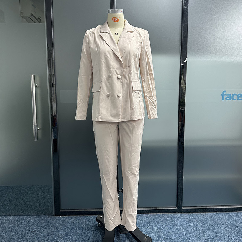 Waytobele női blézer szett őszi, stílusos, tömör duplasoros, hosszú ujjú hajtókás felső bő, egyenes nadrág szett magas utcai viselet