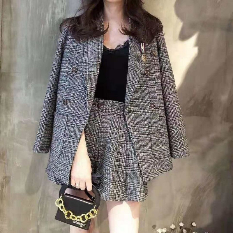 Vintage 2 részes szett kockás blézer női duplasoros irodai női blézer dzsekik rövidnadrággal Munkaruházat Női blézer öltönyök