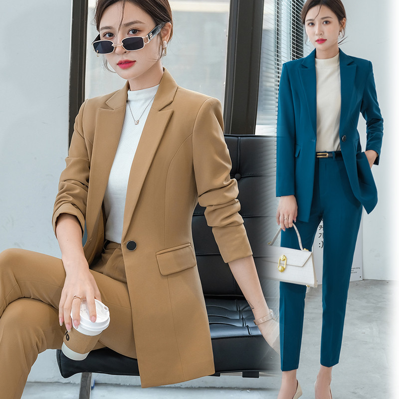 2022-es koreai őszi, hivatalos női sárga blézeres női öltönyök szettekkel Munkaruházat Irodai egyenruha nagy méretű nadrág dzseki