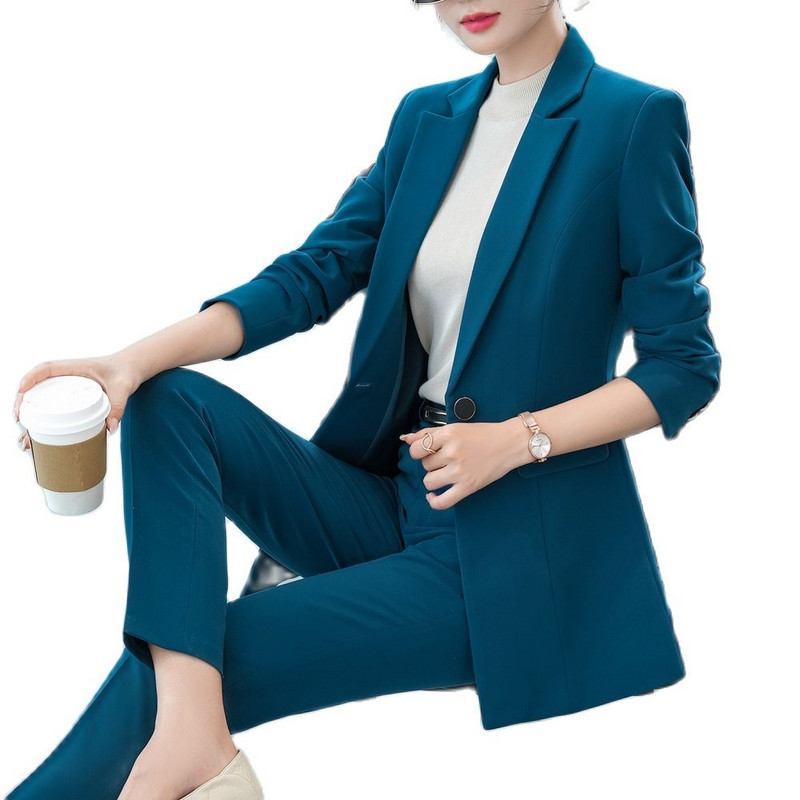 2022-es koreai őszi, hivatalos női sárga blézeres női öltönyök szettekkel Munkaruházat Irodai egyenruha nagy méretű nadrág dzseki