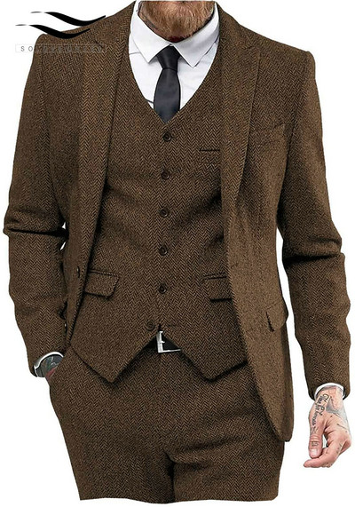 Férfi üzleti öltöny, 3 részes tweed halszálkás, hajtókás esküvői öltöny Vőlegény szmoking formális öltöny (blézer+mellény+nadrág)